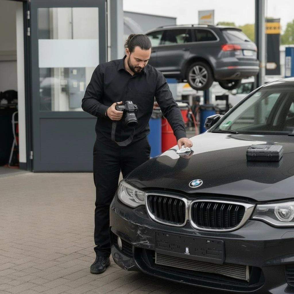 KFZ-Gutachter bei der Schadensaufnahme an einem BMW in Bielefeld